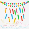 Christmas cracker set, party popper with streamers and carnival garland with flags isolated on white background.