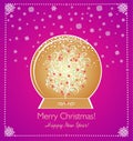 Christmas craft greeting card in magenta color with golden globe and magic decorative white tree with red berries.