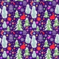 Christmas greeting craft violet seamless wallpaper with colorful balls, baubles, gingerbread, snowy trees, conifer, angel, poinset