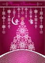 Christmas craft purple greeting card with Xmas tree with handmade paper snowflakes and hanging paper cutting decoration with littl