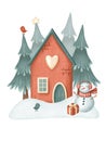 Christmas crayon composition with house, snow man, trees for greeting card, poster, print
