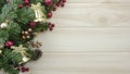 Christmas cream wood background with decor and lights