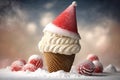 Christmas creamy sweet cone, Christmas ice cream with Santa& x27;s hat, generative AI.