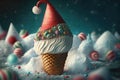 Christmas creamy sweet cone, Christmas ice cream with Santa& x27;s hat, generative AI.