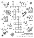 Christmas crossword puzzle for kids with Santa Claus, deer, bell, holly, candy cane, gift box, clock, orange. Line art
