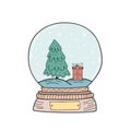 Christmas crystal ball. Vector color illustration. Christmas tree with gift box and snow