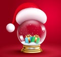 Christmas crystal ball vector design. 3d realistic snow ball with santa hat and gift boxes elements in red background. Royalty Free Stock Photo