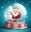 Christmas crystal ball vector design. Santa claus character waving in snow glass ball ornament with xmas gifts element. Royalty Free Stock Photo