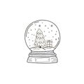 Christmas crystal ball. Vector linear illustration. Christmas tree with snow