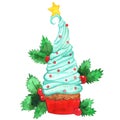 Christmas cup cake watercolor illustration for Christmas. Royalty Free Stock Photo