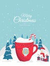 Christmas cup with a drink, in the form of a house in the woods. Background for invitation or seasons greeting.