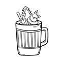 Christmas cup with Hot chocolate or coffee with whipped cream and waffle rolls. Vector illustrations in cartoon style