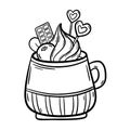 Christmas cup with Hot chocolate or coffee with whipped cream and waffle rolls. Vector illustrations in cartoon style