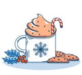 Christmas cup of Whipped coffee milk and sweet chocolate chip cookies. Vector blue winter Chriistmas card with red holly berry on