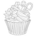 Christmas cupcake. Coloring book antistress for adults.