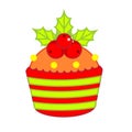 Christmas cupcake decorated with holli ilex leaves and berries. New Year food clip art Royalty Free Stock Photo