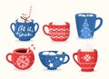 Christmas cups flat vector illustrations set. Festive mugs with ornaments, New Years tree, snowflakes and lettering