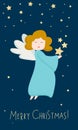 Christmas cute angel. Blue angel figure isolated on dark blue background with stars. Portrait view of flying angelic