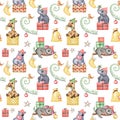 Christmas cute animals in hat seamless pattern, Hand drawn christmas wallpaper, winter wild animals Royalty Free Stock Photo