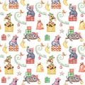 Christmas cute animals in hat seamless pattern, Hand drawn christmas wallpaper, winter wild animals Royalty Free Stock Photo