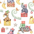 Christmas cute animals in hat seamless pattern, Hand drawn christmas wallpaper, winter wild animals Royalty Free Stock Photo