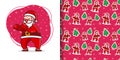 Christmas Cute Boxing Santa Cartoon Pattern With Tree and pink Background For Wrapping Paper