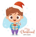 Christmas Cute boy in santa hat with New Years gift and caramel and inscription Merry Christmas. Vector illustration guy