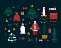 Christmas cute bundle. A festive set of Christmas trees, characters and winter decor. Vector illustration in a flat