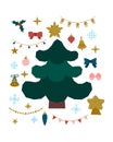 Christmas cute bundle. A fir tree and a set of festive decorations. Winter decor. Vector illustration in a flat style.