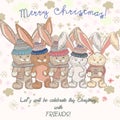 Christmas cute card with pretty hare or rabbits friends and snow