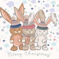 Christmas cute card with pretty hare or rabbits and snowflakes.