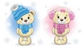 Christmas Cute Cartoon Teddy Boy and Girl Bears in knitted scarves, hat and headphones on a background with snowflakes.