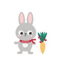 Christmas cute character. Cute winter bunny in a red scarf and with a big carrot dressed up with Christmas balls. Merry Christmas