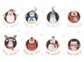 Christmas cute characters avatars in round frame with congratulations. Santa Claus, gnome, snowman, animals in knitted