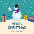 Christmas Cute Cheerful Snowman Postman in a hat with a letter in his hand. snow card with gifts. Royalty Free Stock Photo