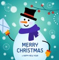 Christmas Cute Cheerful Snowman Postman in a hat. Postman with a letter in his hand. snow winter card. Royalty Free Stock Photo