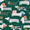 Christmas cute dachshund pattern. Hand drawn winter seamless texture with festive dogs holding gifts. Vector illustration Royalty Free Stock Photo