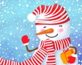 Christmas cute festive blue illustration banner. a snowman that smiles and holds a gift in his hand on a background of snow Royalty Free Stock Photo