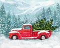 Christmas cute greeting illustration. Red pickup truck with a Christmas tree in the back against a background of forest, mountains Royalty Free Stock Photo