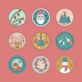 Christmas Cute Icons Set with Snowflakes, Christmas tree, Champagne, Santa Claus, Deer, Wreath, Snowman, Snow Ball in Royalty Free Stock Photo