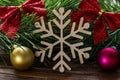 Christmas cute large snowflake macro, pine tree background with christmas balls and red bows