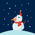 Christmas Cute Little Cheerful Snowman with Red Scarf and Santa Cap in snow. Christmas cartoon character. Royalty Free Stock Photo