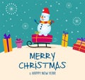 Christmas Cute Little Cheerful Snowman with Red Scarf and Santa s Cap with gifts. Royalty Free Stock Photo