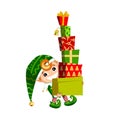 Christmas cute little elf carrying gift boxes. Vector illustration Royalty Free Stock Photo