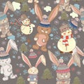 Christmas cute pattern with pretty hare or rabbits, snowmen and