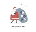 Christmas cute Santa Claus character with bag of gifts on back and handwritten text Ho ho ho