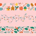 Christmas cute seamless border set. Simple flat xmas objects - lights, gifts, flowers and baubles. Royalty Free Stock Photo