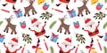 Christmas cute seamless pattern with cartoon items. Santa Claus, reindeer, gift boxes, bells, pine branches, candles Royalty Free Stock Photo