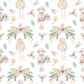 Christmas cute sheeps and floral winter arrangements seamless pattern