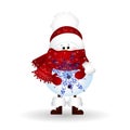 Christmas Cute Snowman with scarf and red santa claus hat , holding a snowflake isolated on white background. Royalty Free Stock Photo